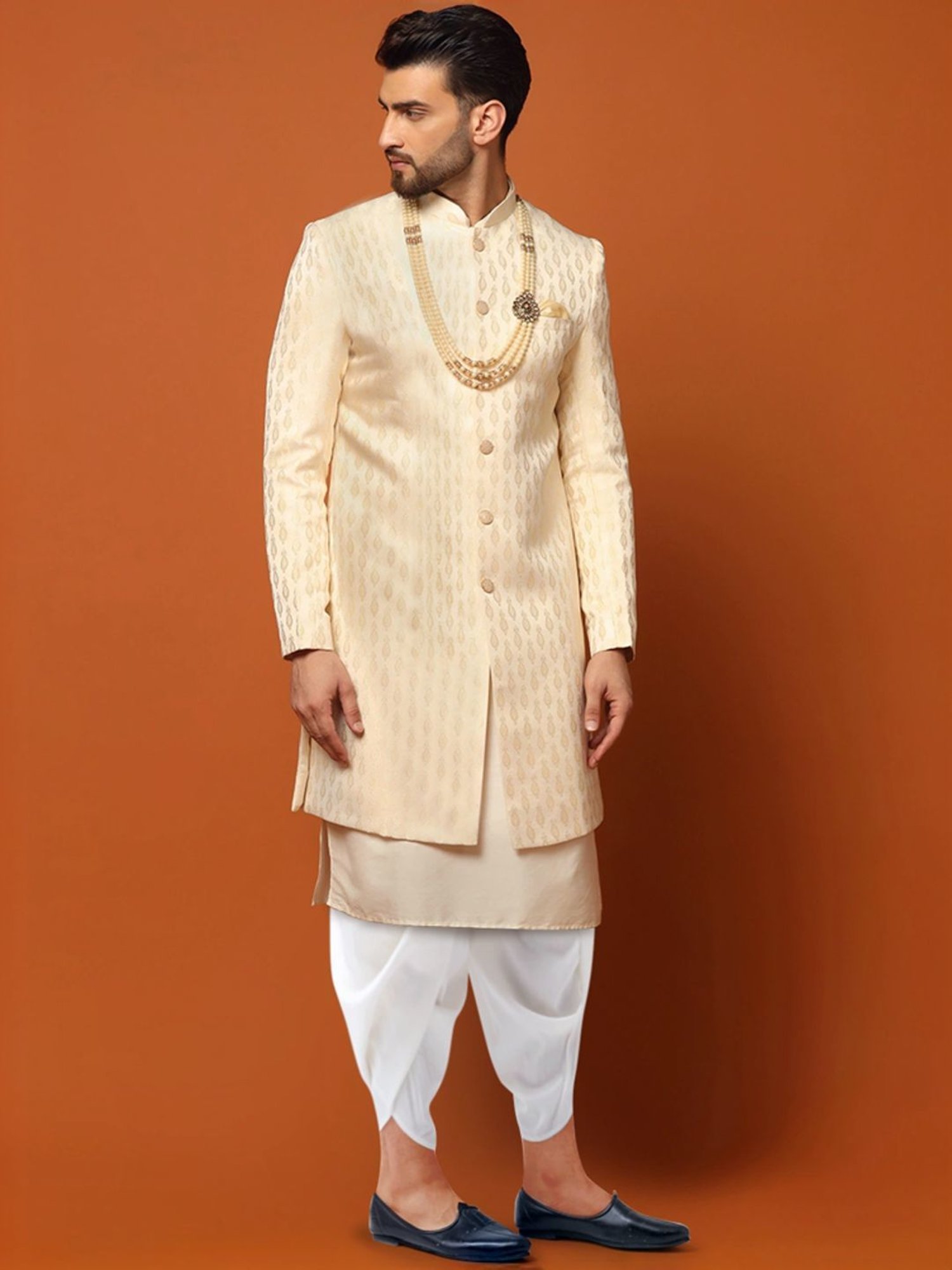 Kisah Beige & White Regular Fit Jacquard Sherwani Set