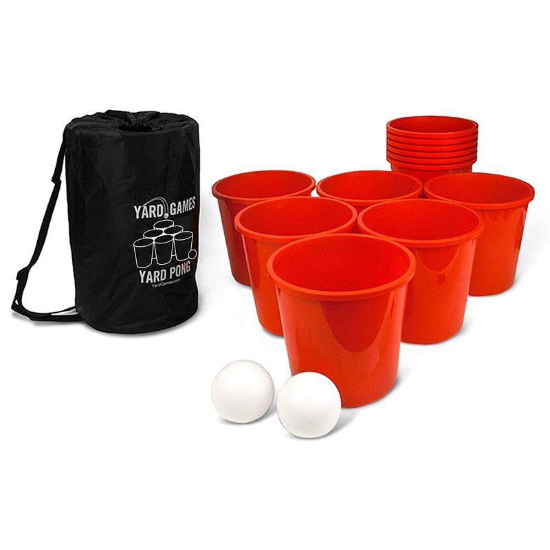 Yard Games Giant Outdoor Yard Pong Activity Party Set w/ 12 Buckets & 2 Balls Bundle w/ Giant Outdoor Indoor Wooden Dice Set w/ Scorecards & Case