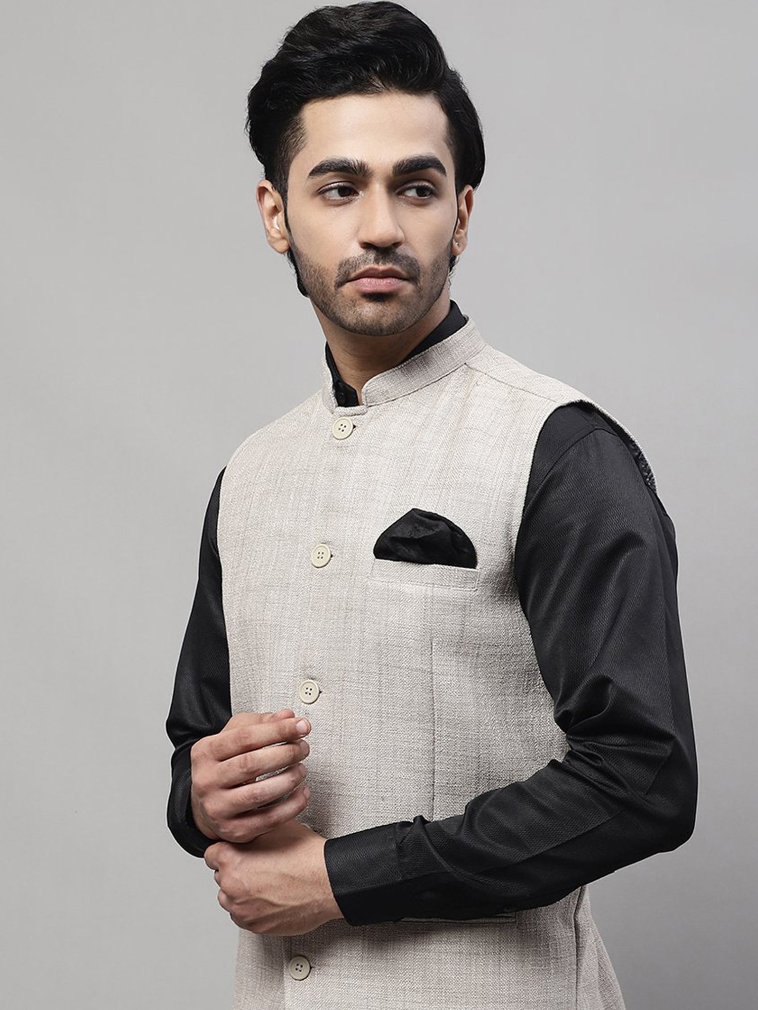 Even Beige Regular Fit Self Pattern Nehru Jacket