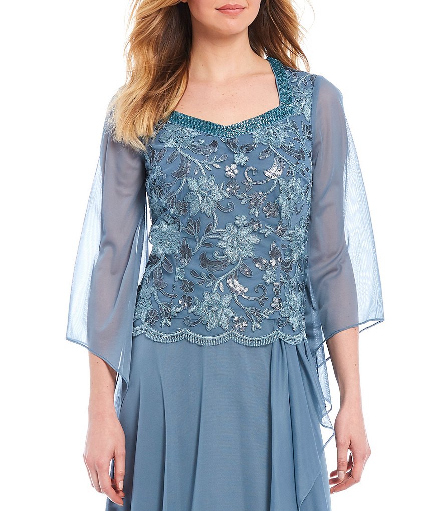 Kay Unger Long Bishop Sleeve V-Neck Crepe A-Line Dress