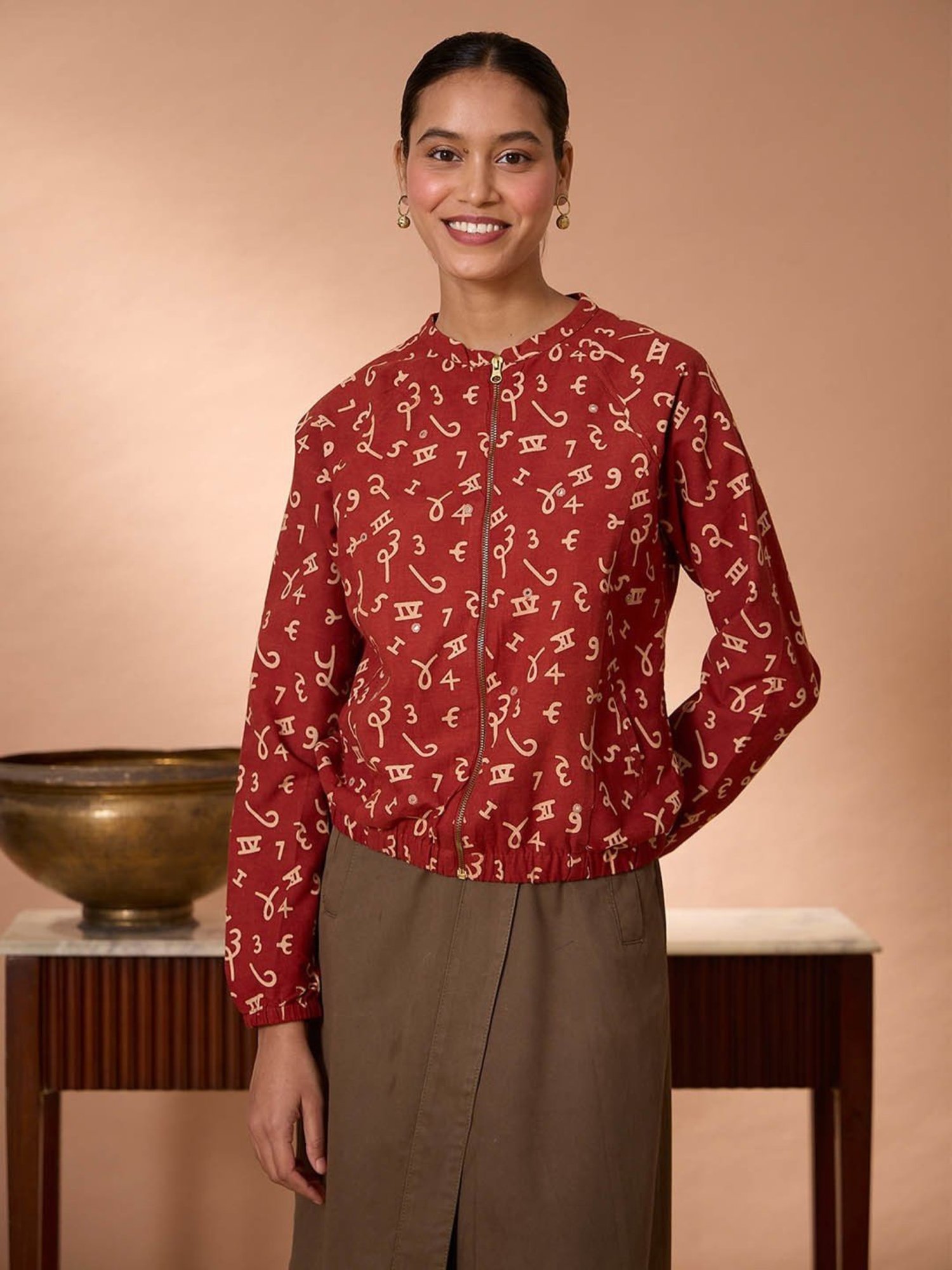 Okhai Maroon Pure Cotton Printed Bomber Jacket