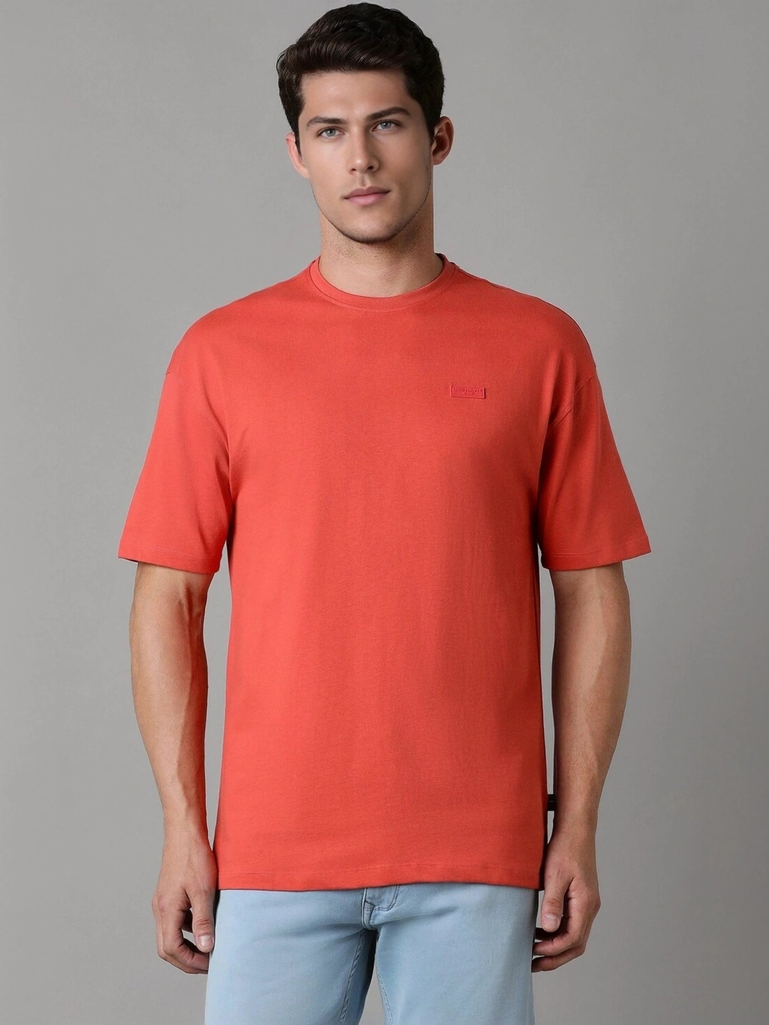 Louis Philippe Red Cotton Slim Fit Printed T-Shirt