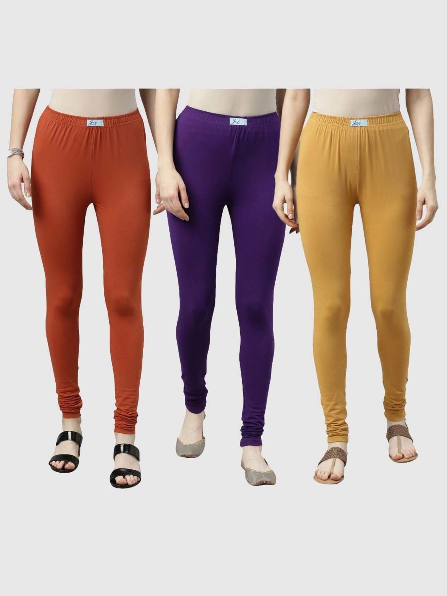 JCSS Beige & Purple Cotton Leggings - Pack Of 3