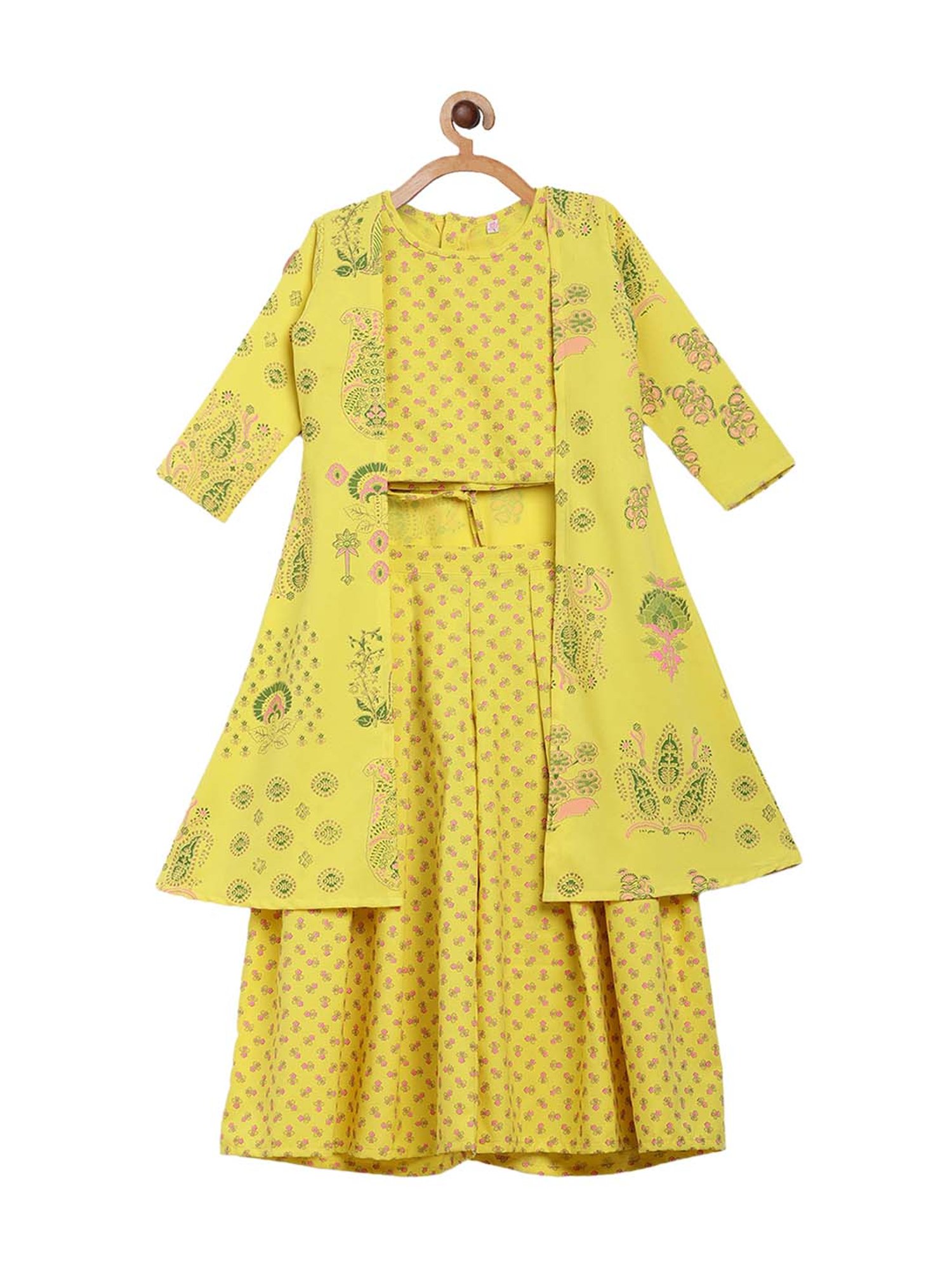 Ahalyaa Kids Yellow Printed Kurta & Palazzo With Jacket