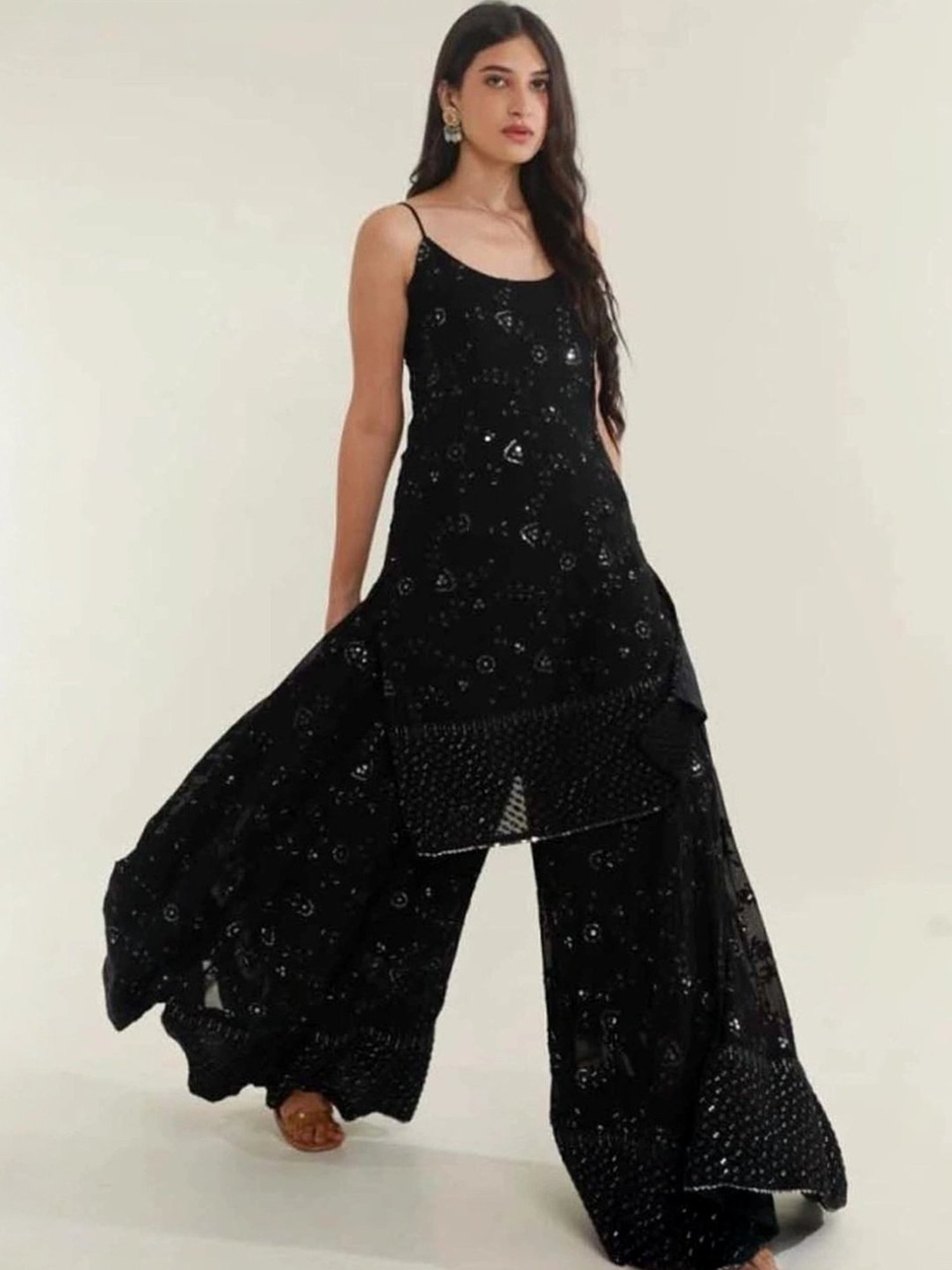 Asrumo Black Tara Mirror Work Chikankari Georgette Kurta with Sharara and Dupatta