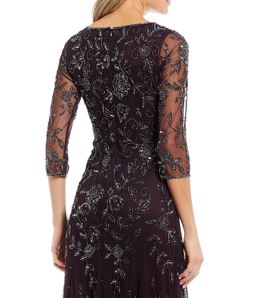 Pisarro Nights 3/4 Sleeve Long Beaded Gown with Godets