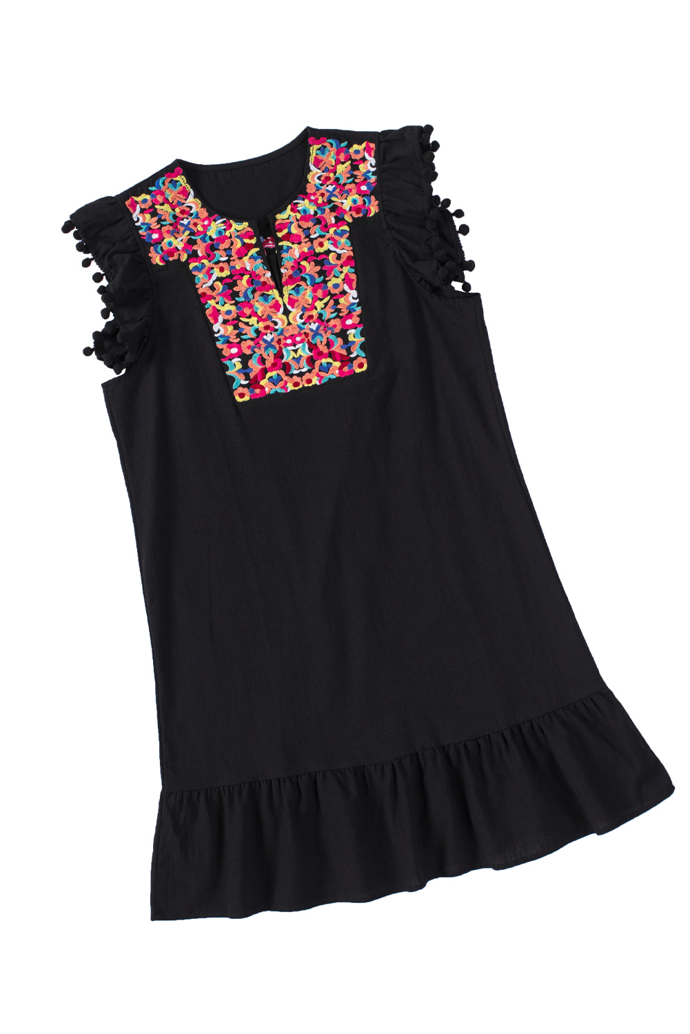 Black Pom Pom A Line Ruffled Sleeveless Short Dress