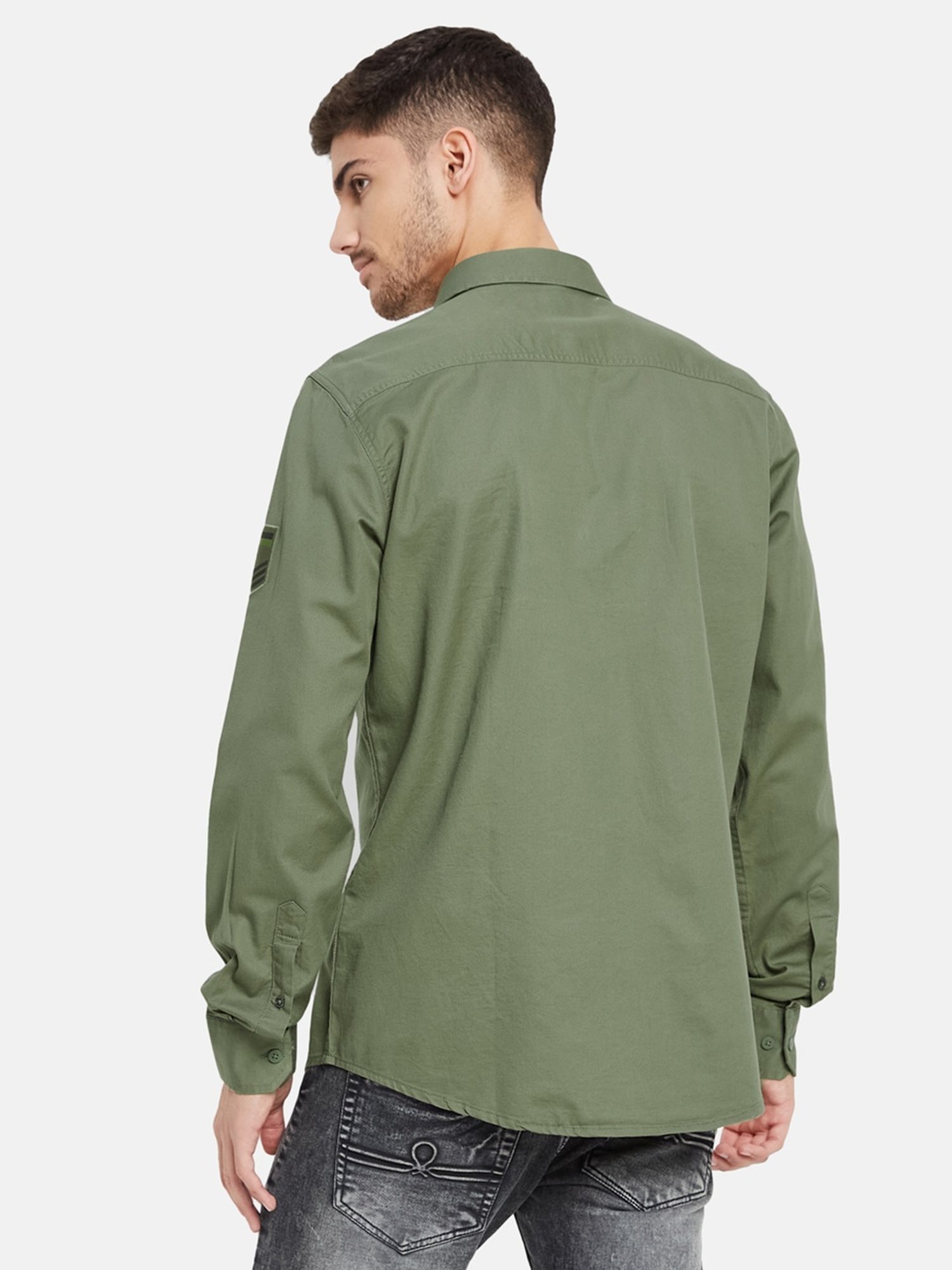 METTLE Olive Cotton Regular Fit Shirt