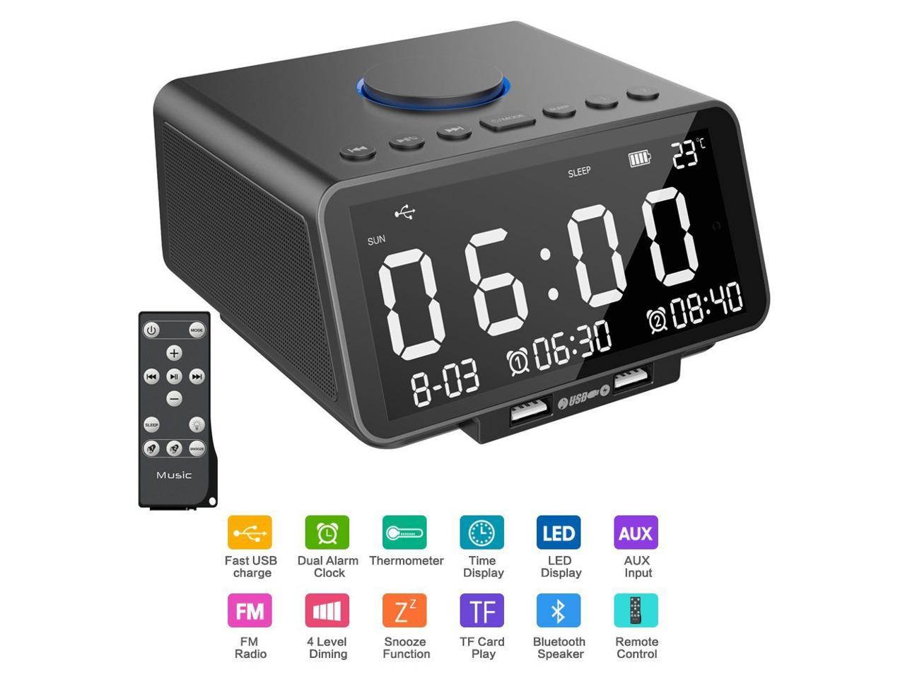 Alarm Clock Radio Wireless Bluetooth Stereo Speaker Digital Alarm Clock for Heavy Sleepers with FM Radio/AUX-IN/ Snooze,Auto Dimmer,Cell Phone USB Charging Night Lights Lamp Large LED Display Bedroom