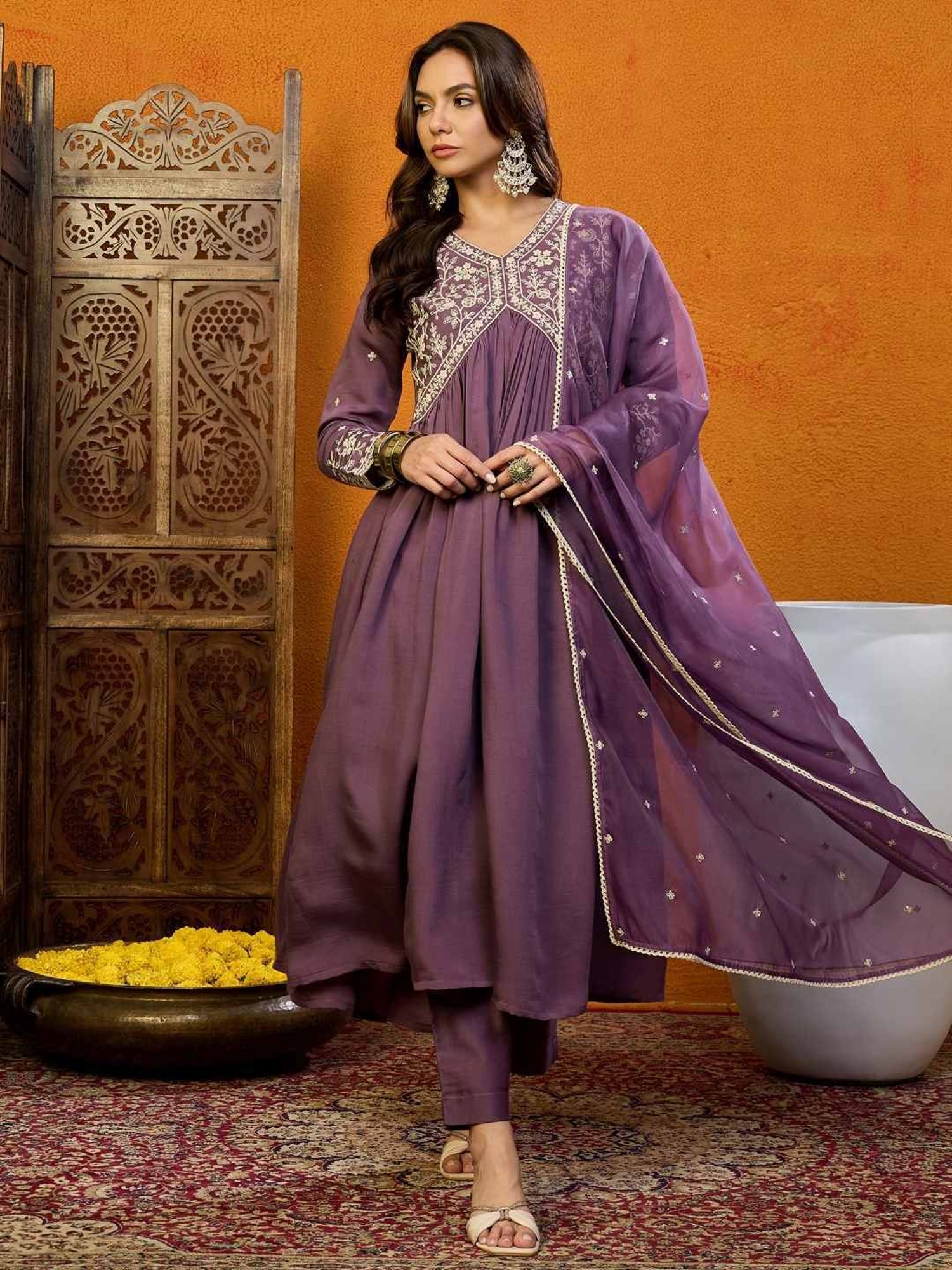 Vaamsi Purple Embroidered A-Line Dress With Dupatta
