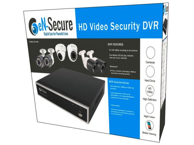 eN-Secure 8 Channel HD Security Surveillance System, 6 Bullet 2 Dome Night Vision Indoor/Outdoor 1080p Cameras, 2TB HDD, Smart Phone Compatible
