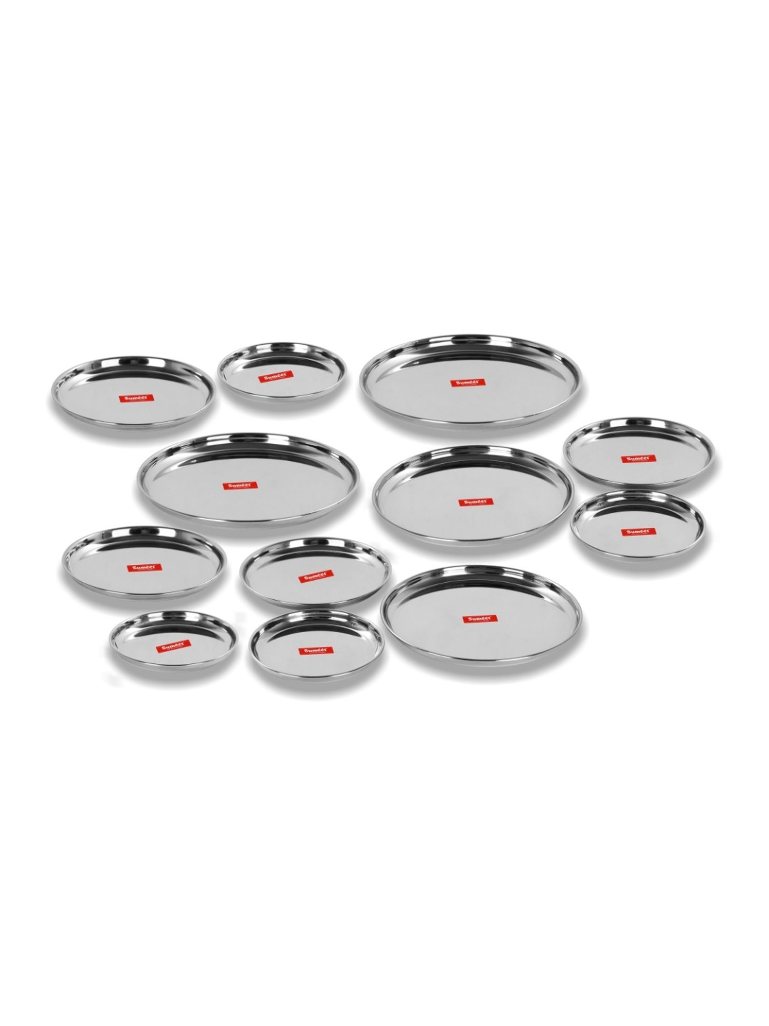 Sumeet S.S. Heavy Gauge Multi Purpose Plates with Mirror Finish Set of 12pc ( Dia-17cm, 22cm,27.5cm)