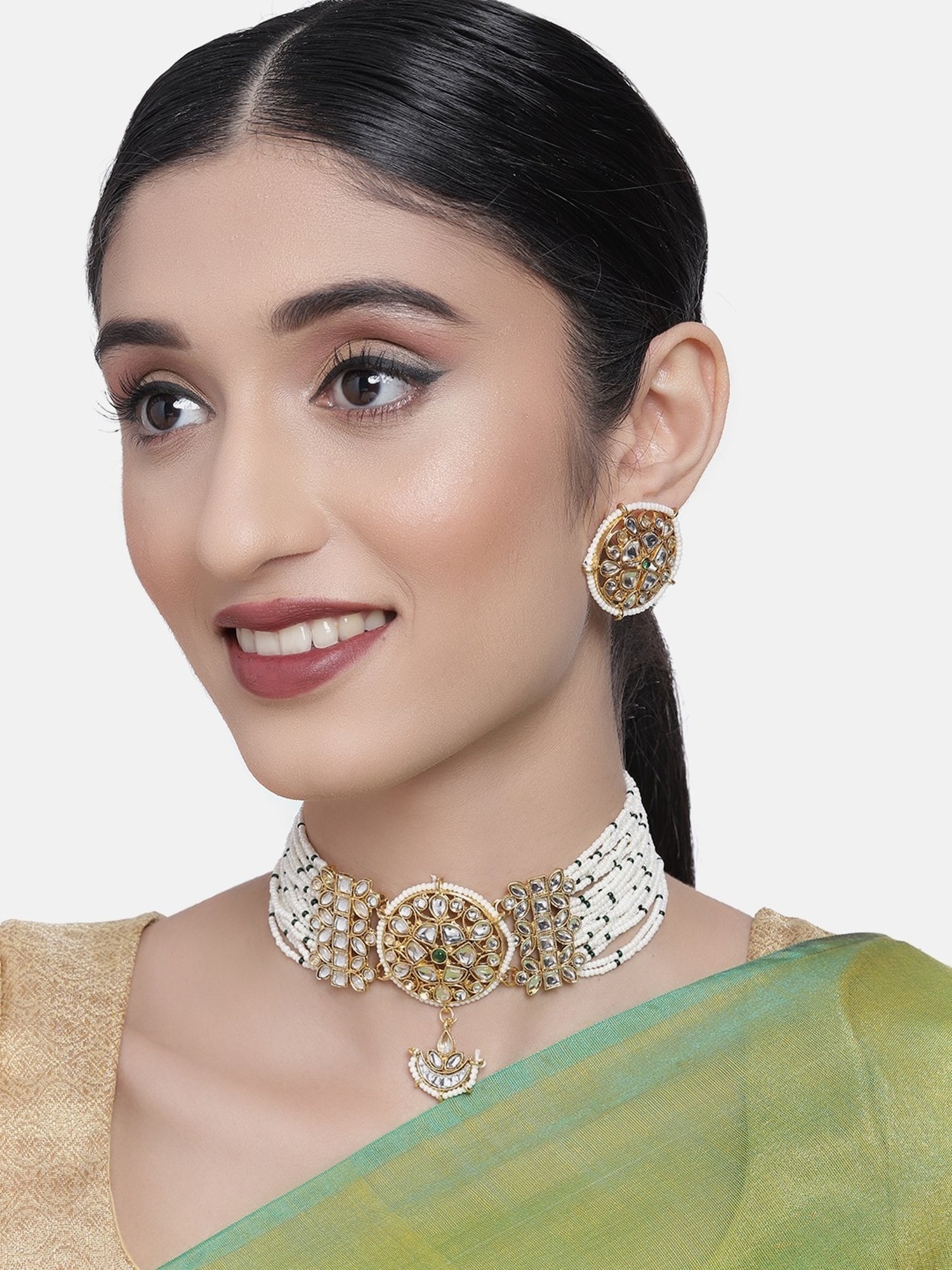 Zaveri Pearls Gold Tone Kundan & Multistrand Pearls Choker Necklace & Earring Set-ZPFK10244