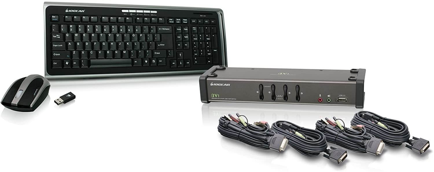 IOGEAR 4-Port DVI KVMP Switch with Cables and Wireless Media Center Keyboard and Mouse, w/Full Set of Cables, (GCS1104-KM1)