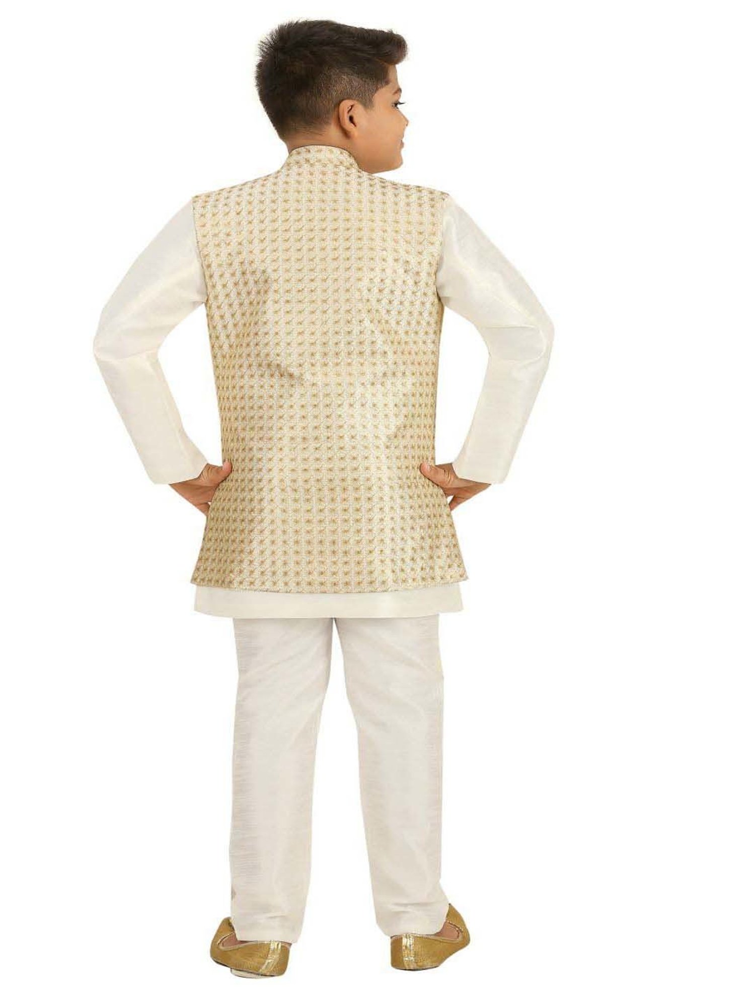 Ahhaaaa Kids Cream & White Embellished Full Sleeves Kurta Set