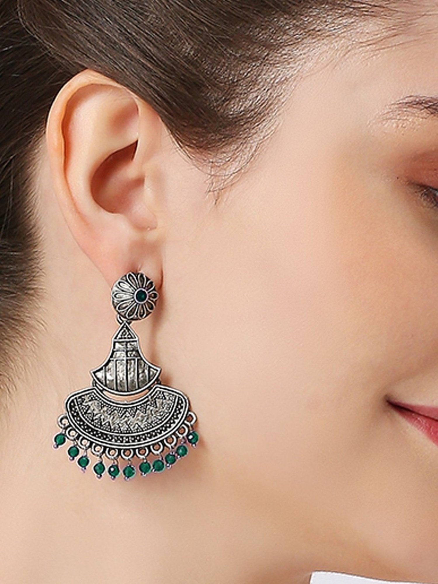 Oomph Jewellery Oxidized Silver Ethnic Silver Look Alike Green Beads Dangler Earrings