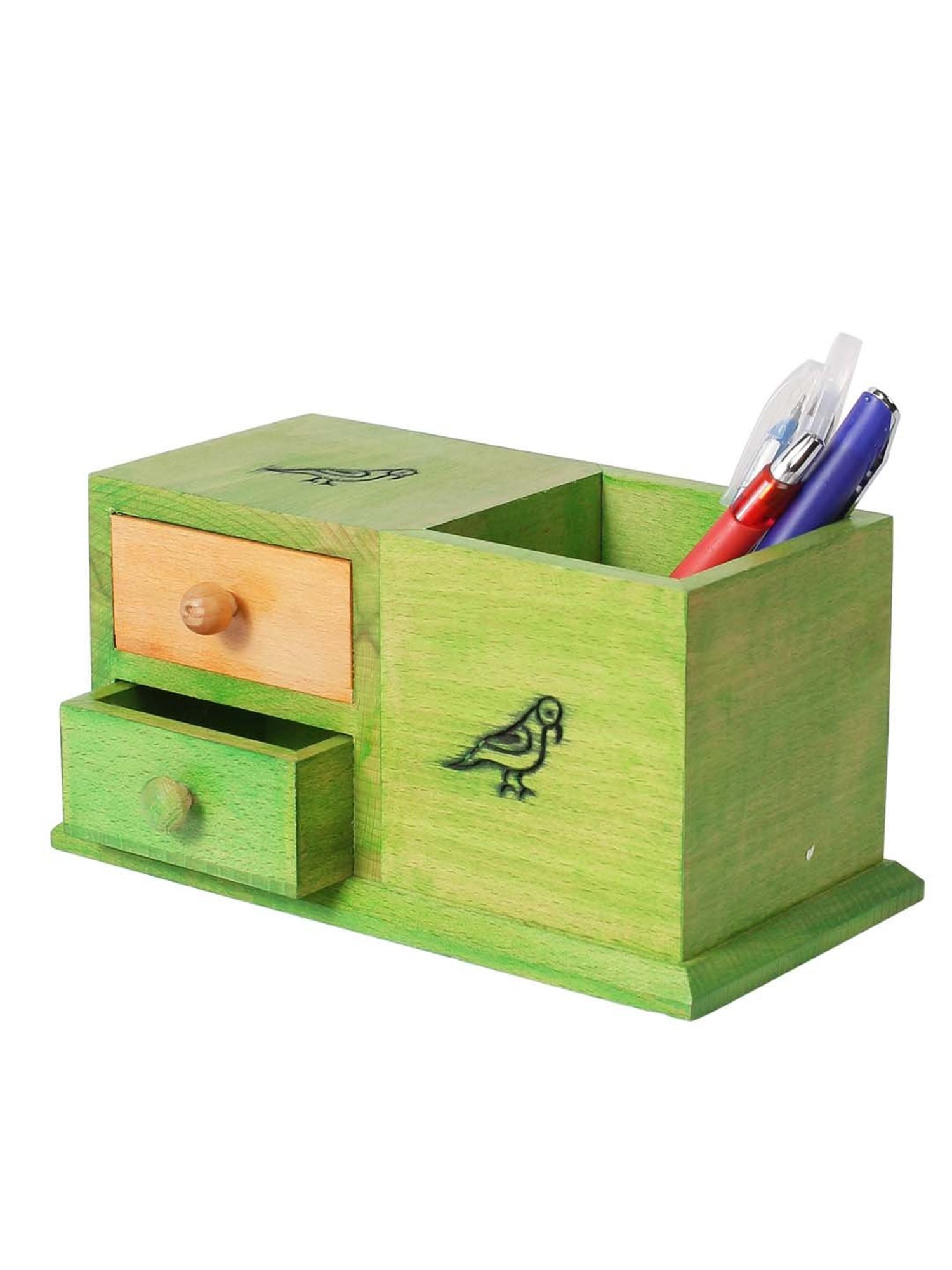 VarEesha Light Green Wood Penstand with Drawer- Set of 1