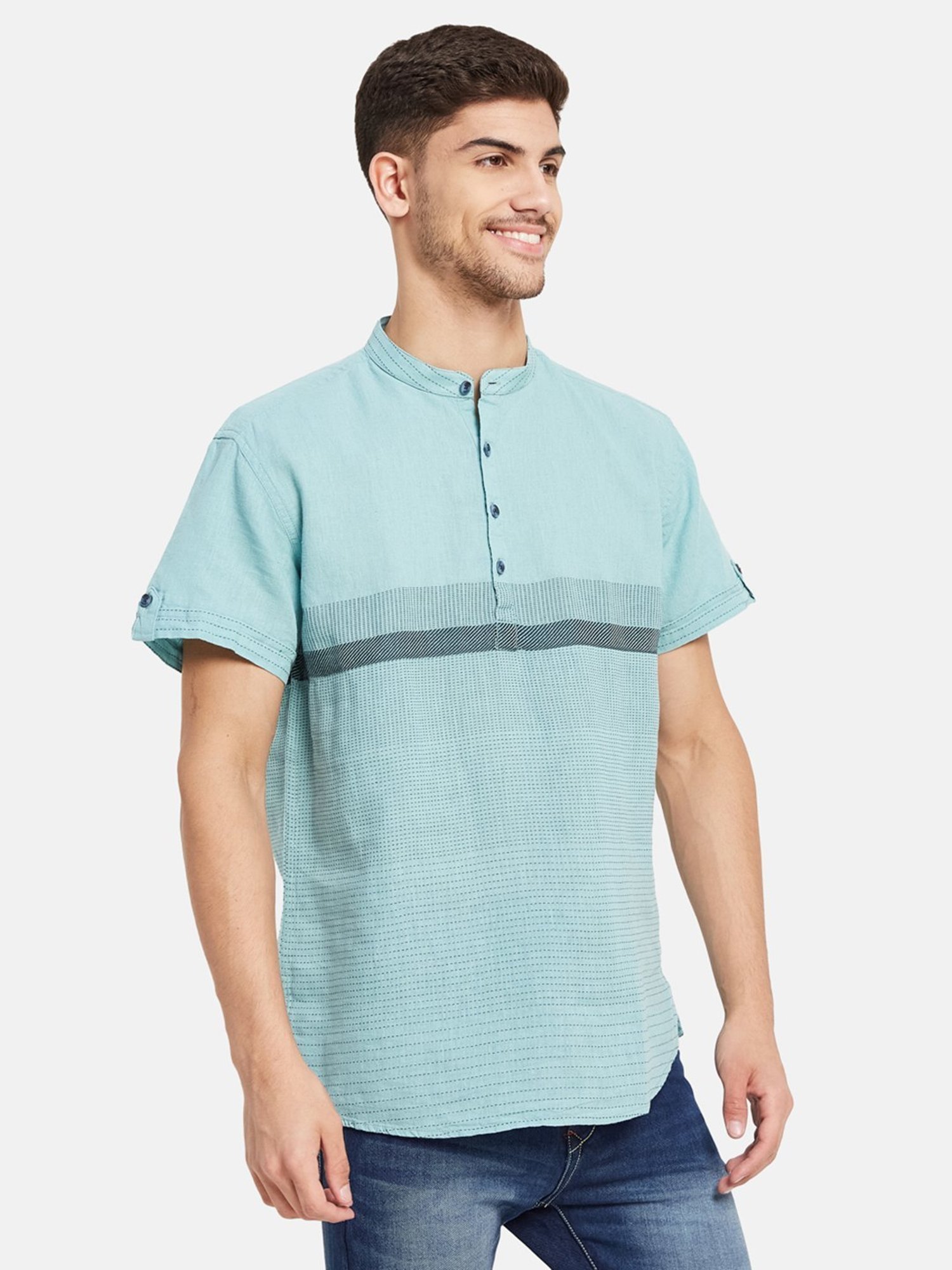 METTLE Light Teal Cotton Regular Fit Striped Shirt