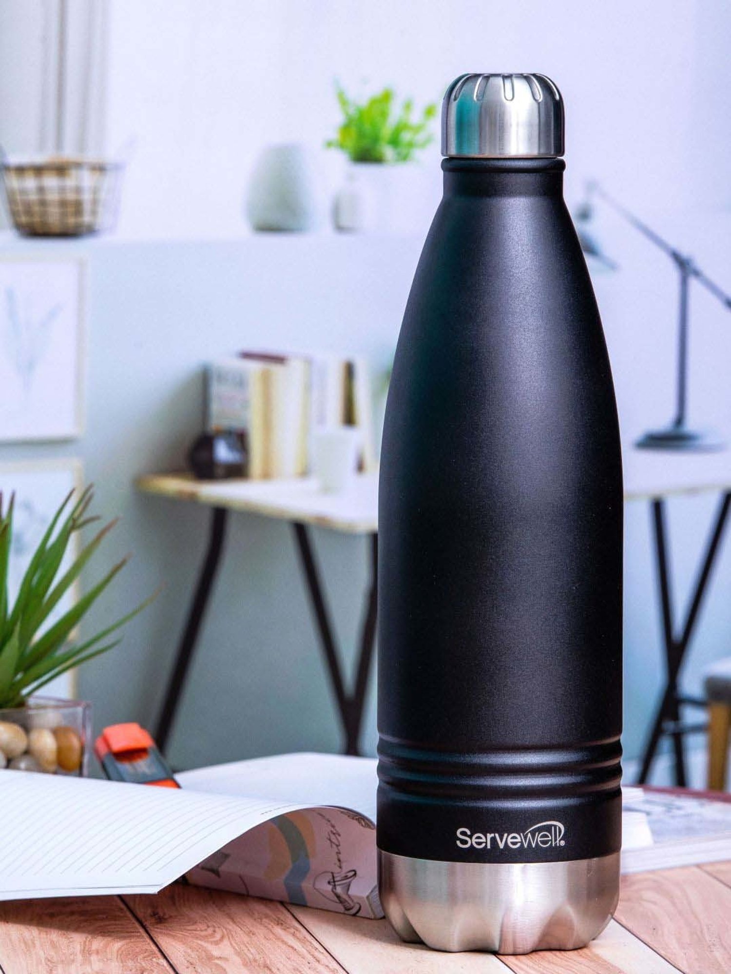 Servewell Jet Black Steel Indus Vacuum Bottle (1 L)