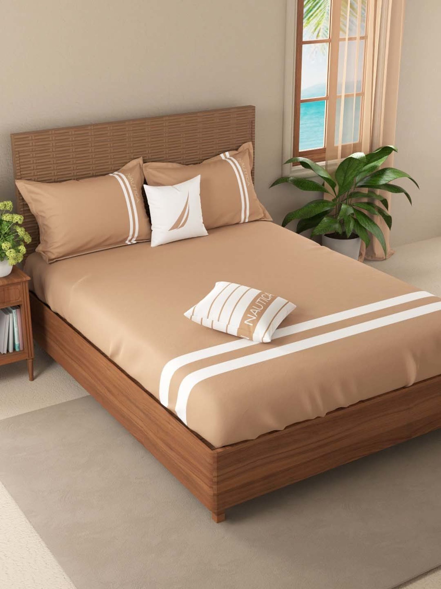 NAUTICA Coastal Stripes Brown & White Cotton Super King Size Bed Sheet With Pillow Covers
