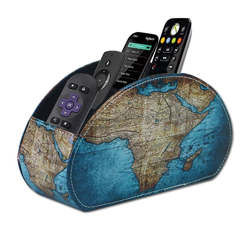 Remote Control Holder, PU Leather Remote Caddy Desktop Organizer with 5 Spacious Compartments for TV Remotes/Media Controllers/Office Supplies(Vintage Map)