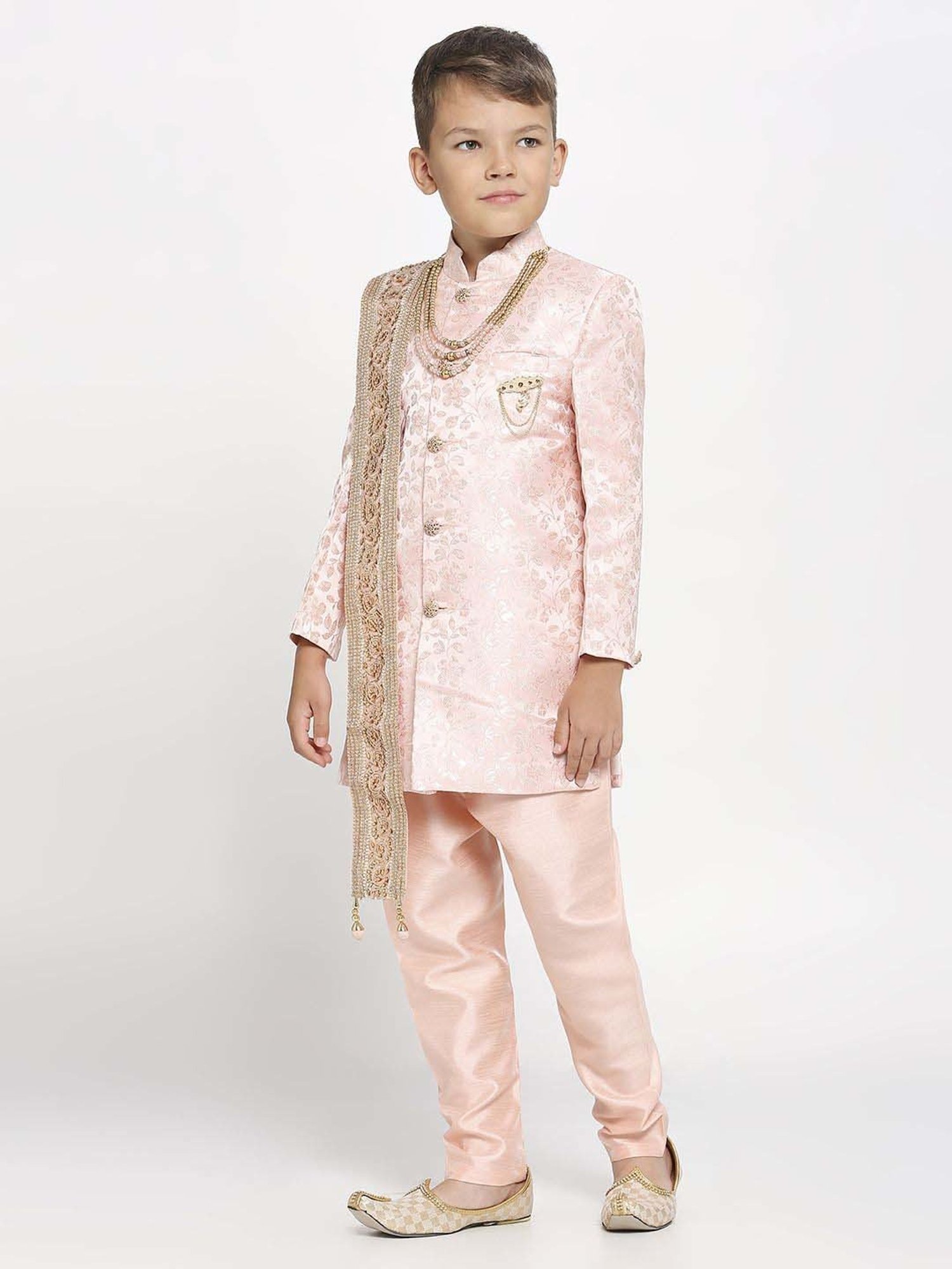 Kids Island Boys Pink Jaquard Full Sleeves Indowestern Set