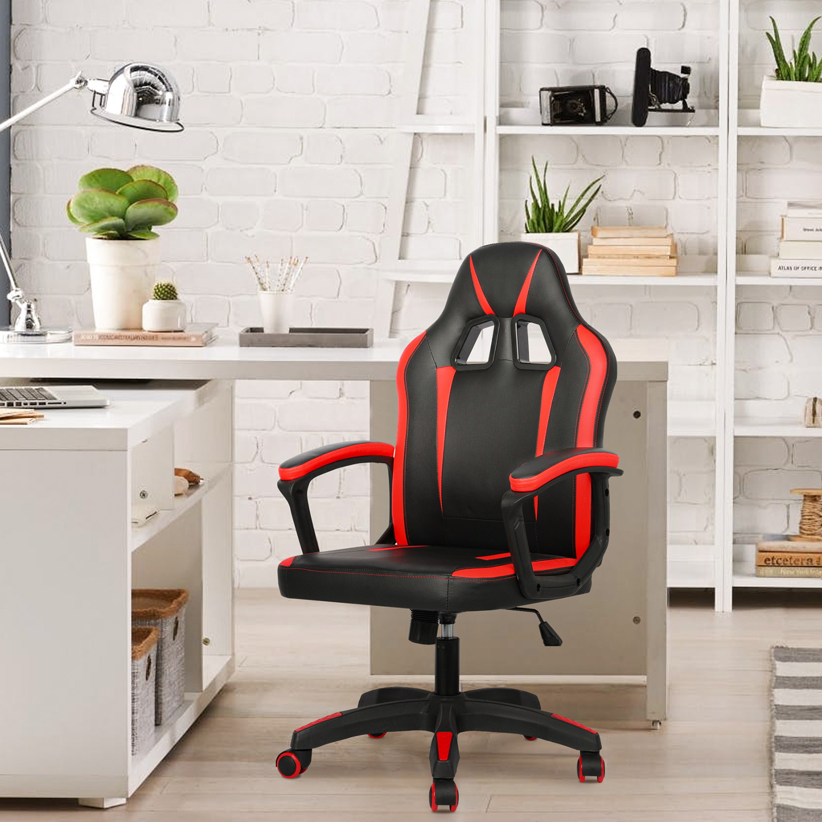 YOUTHUP Office Chair Adjustable Ergonomic Leather Gaming Chair Swivel Rolling Computer Desk Chair with Lumbar Support,Black and Red