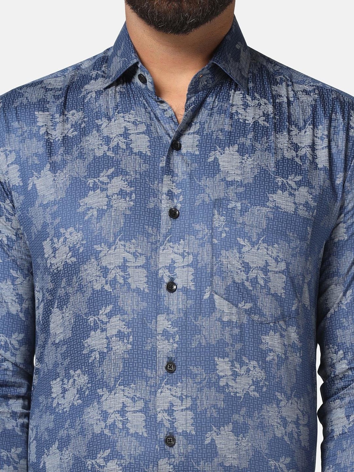 TAHVO Dark Blue Slim Fit Printed Shirt