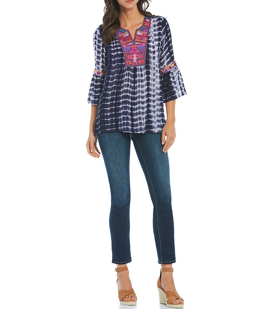 Calessa Embroidered Neck Tie Dye Bell Sleeve Poplin Tunic