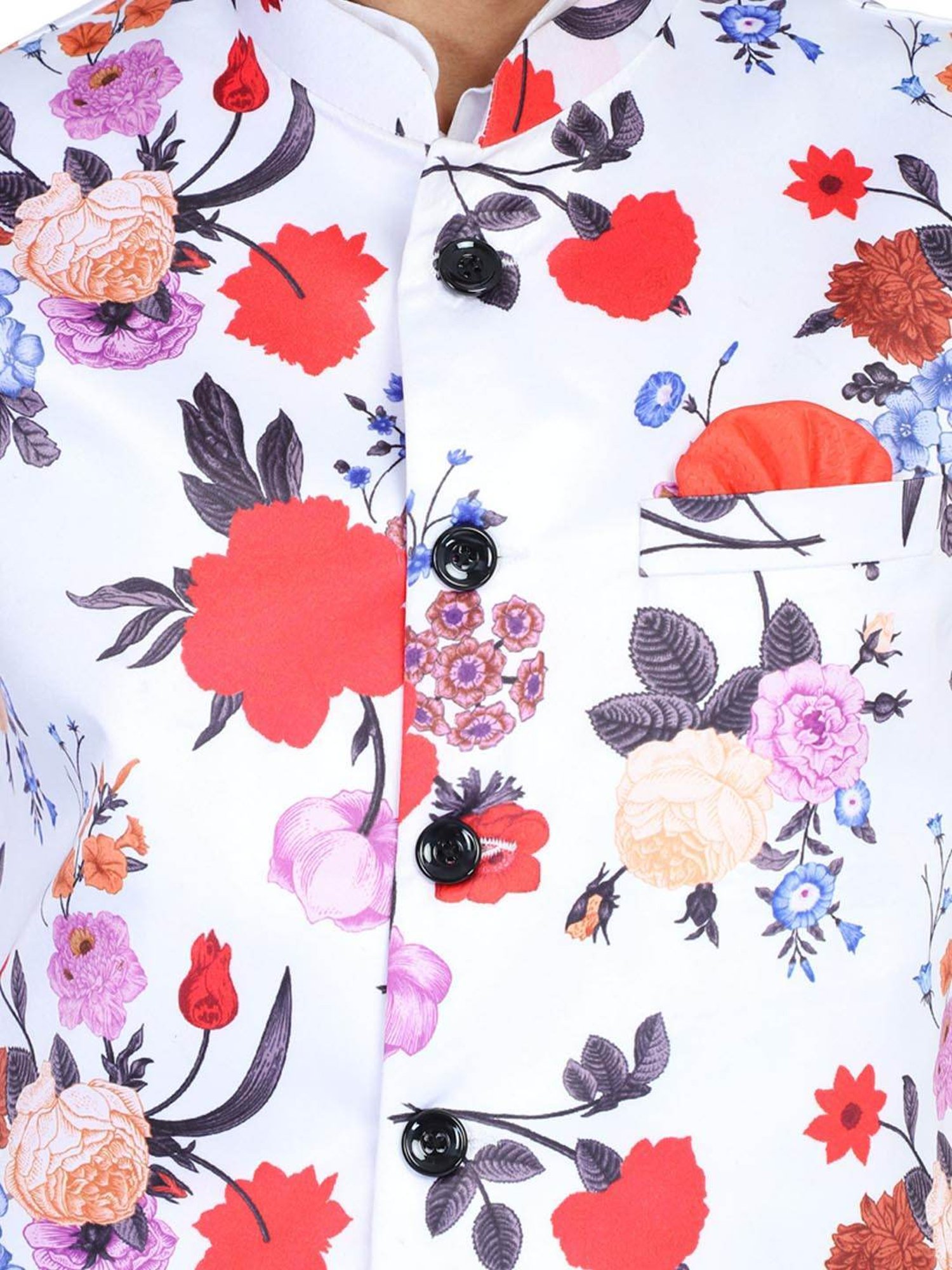 TAHVO White Cotton Slim Fit Floral Print Nehru Jacket