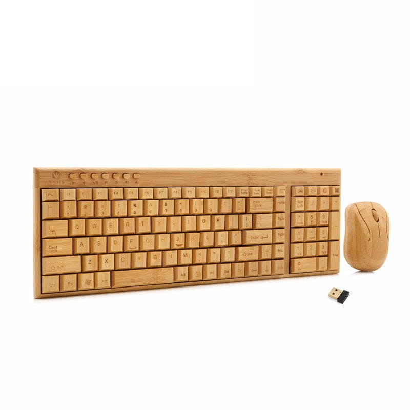 Art Handmade 2.4GHz Wireless Bamboo Keyboard Mouse Multimedia Function Keys & Mouse Combo