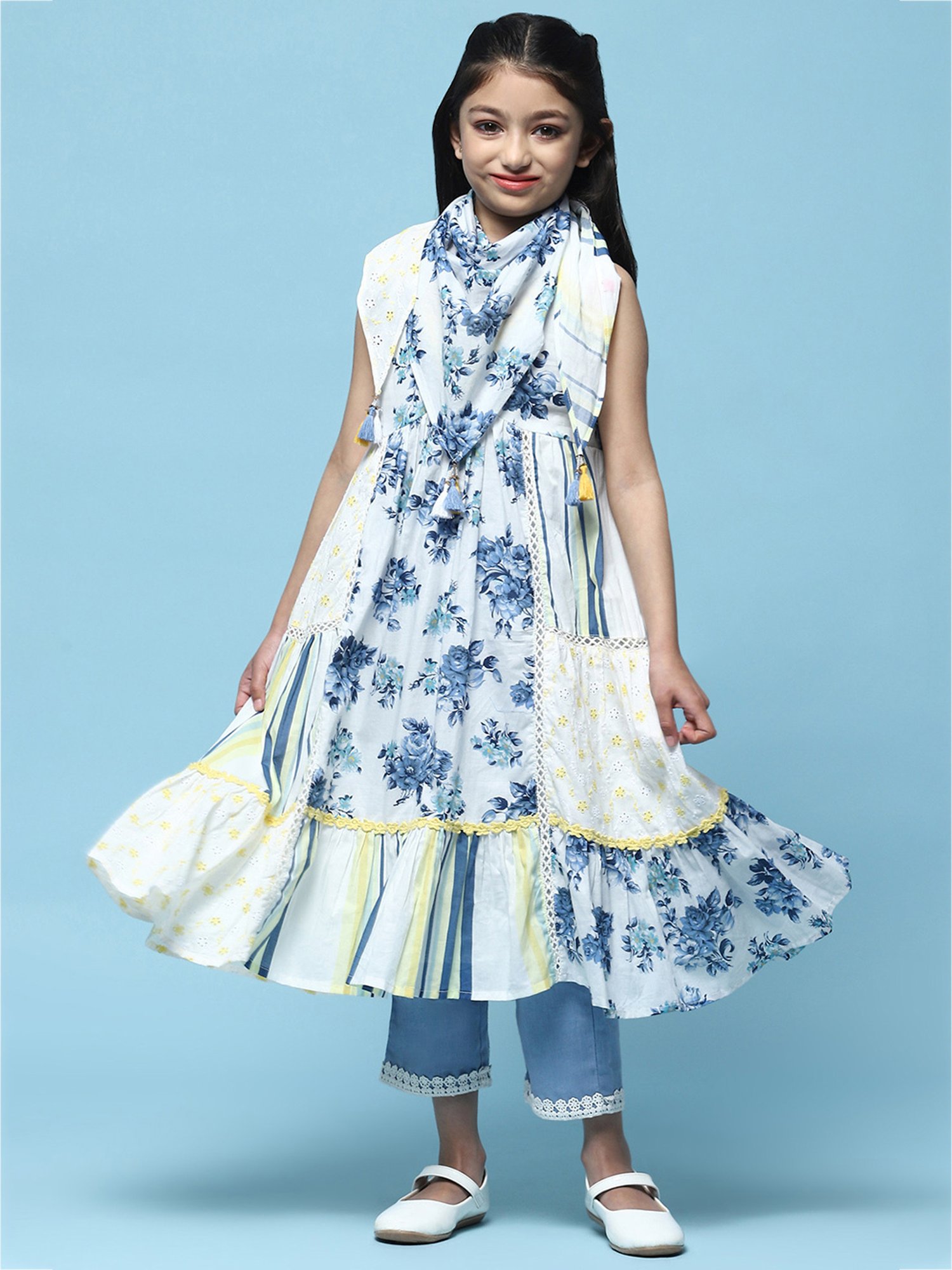 BIBA Girls White & Blue Floral Print Kurta, Pants, with Dupatta