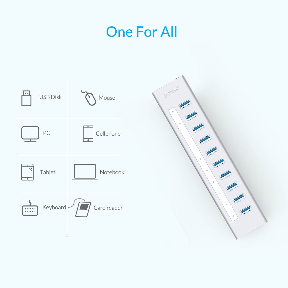 ORICO Aluminum 10Ports USB 3.0 HUB with 3.3Ft. USB 3.0 Data Cable and 12V/3A Power Supply for Macbook,PC,Laptops (HUB is not a Charger,Data transfer Only)- Silver (A3H10-V1-US)