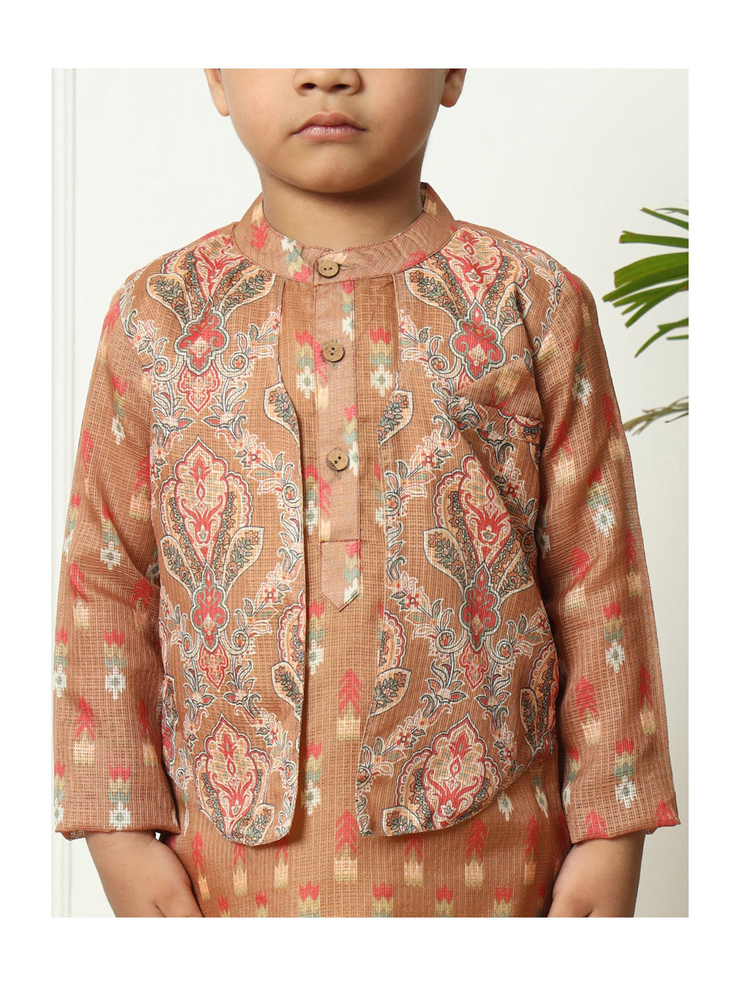READIPRINT FASHIONS Kids Brown & Cream Printed Full Sleeves Kurta, Pyjamas with Attached Jacket