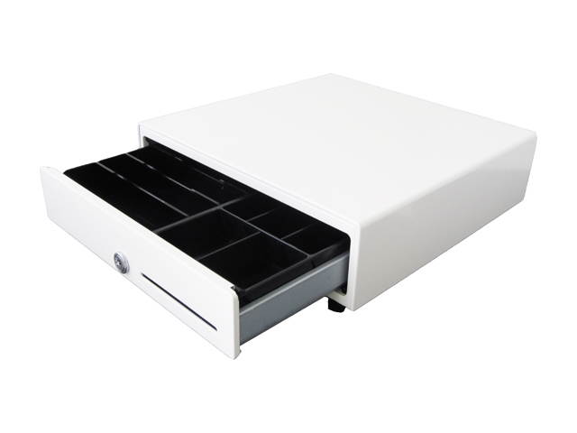 APG Vasario Series Standard Duty Cash Drawer, 13&rdquo; x 13&rdquo;, Single Media Slot, Multipro 24V, Fixed 4x4 Till (US Currency), Painted Front, All-White, Requires Cable &ndash;VB320-AW1313-B27