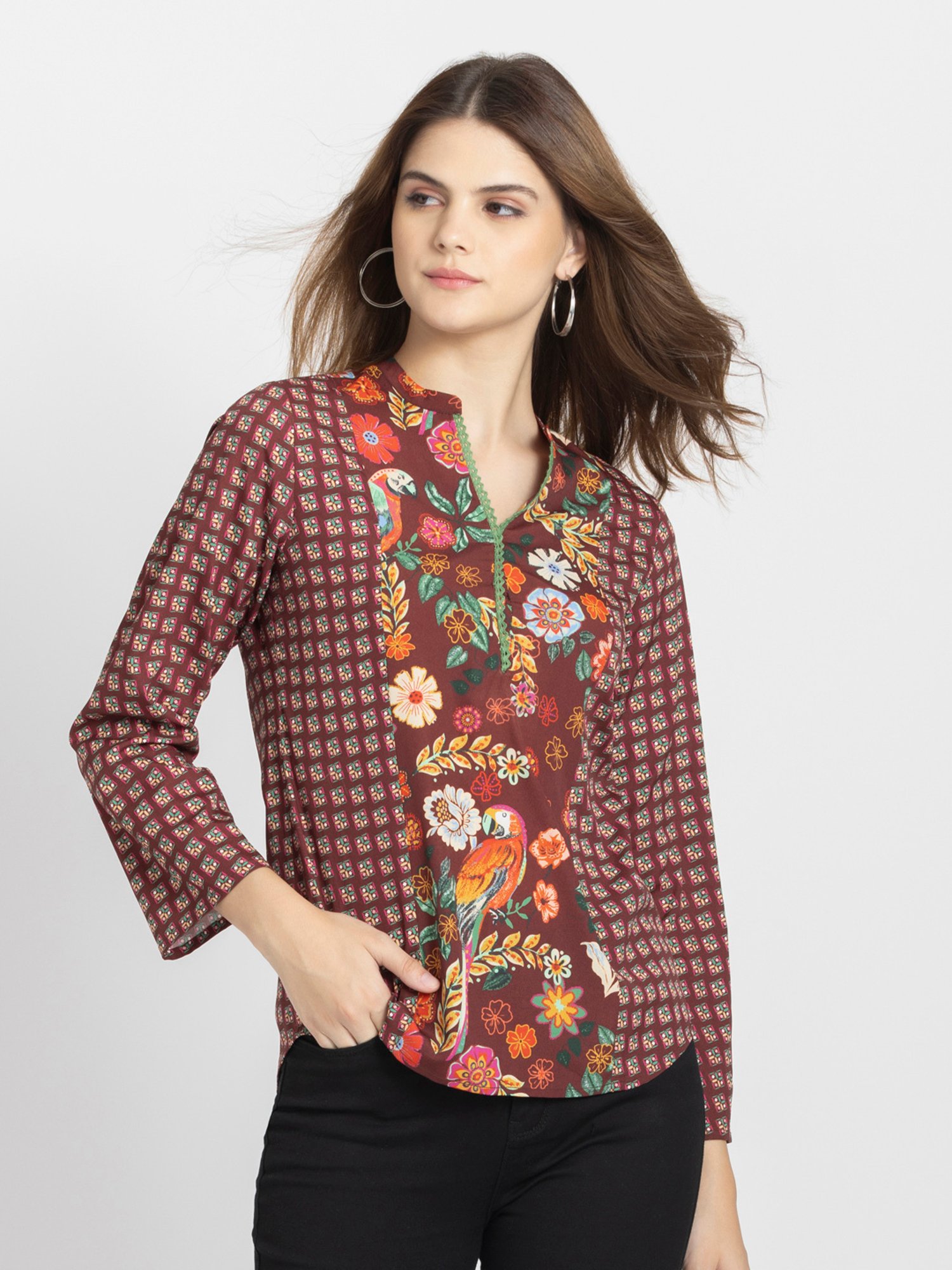 SHAYE Maroon Floral Print Top