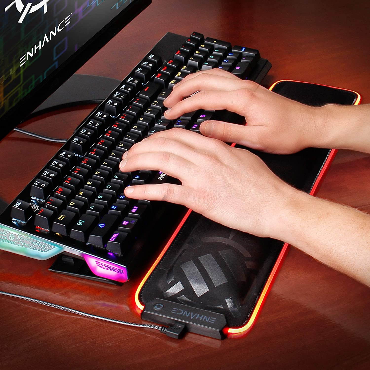 ENHANCE LED Gaming Keyboard Wrist Rest Pad with Soft Memory Foam Support for Full Size Keyboards - 7 Illuminated Colors, 3 Color Modes, Smart Control, Non-Slip Base - Thick 1" Padding for Esports