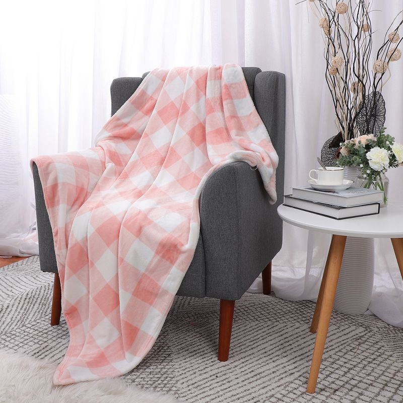 1 Pc Full Microfiber Plush Flannel Bed Blankets Pink and White  - PiccoCasa