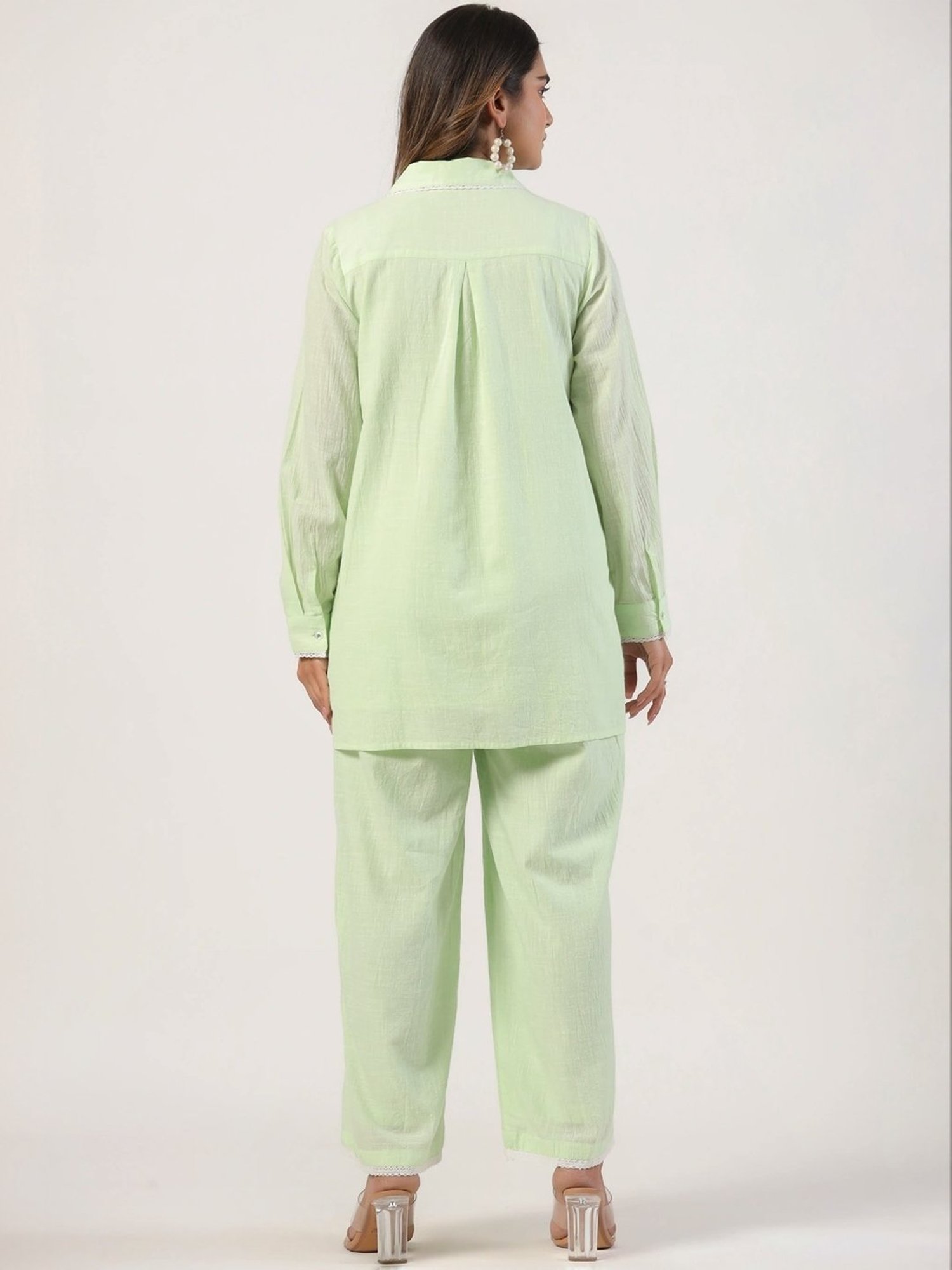 Zolo Label Pista Green Cotton Embroidered Shirt Palazzo Set