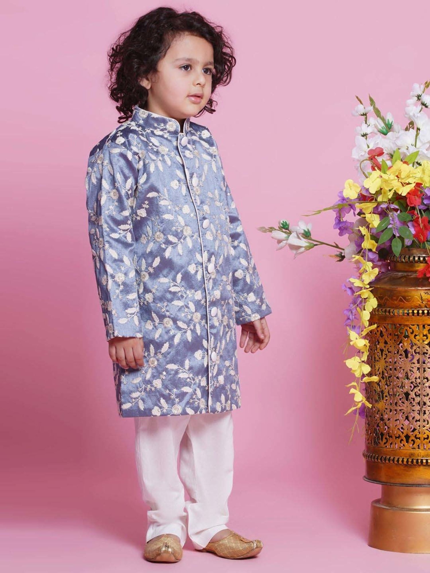 Little Bansi Boys Grey & White Embroidery Full Sleeves Kurta Set