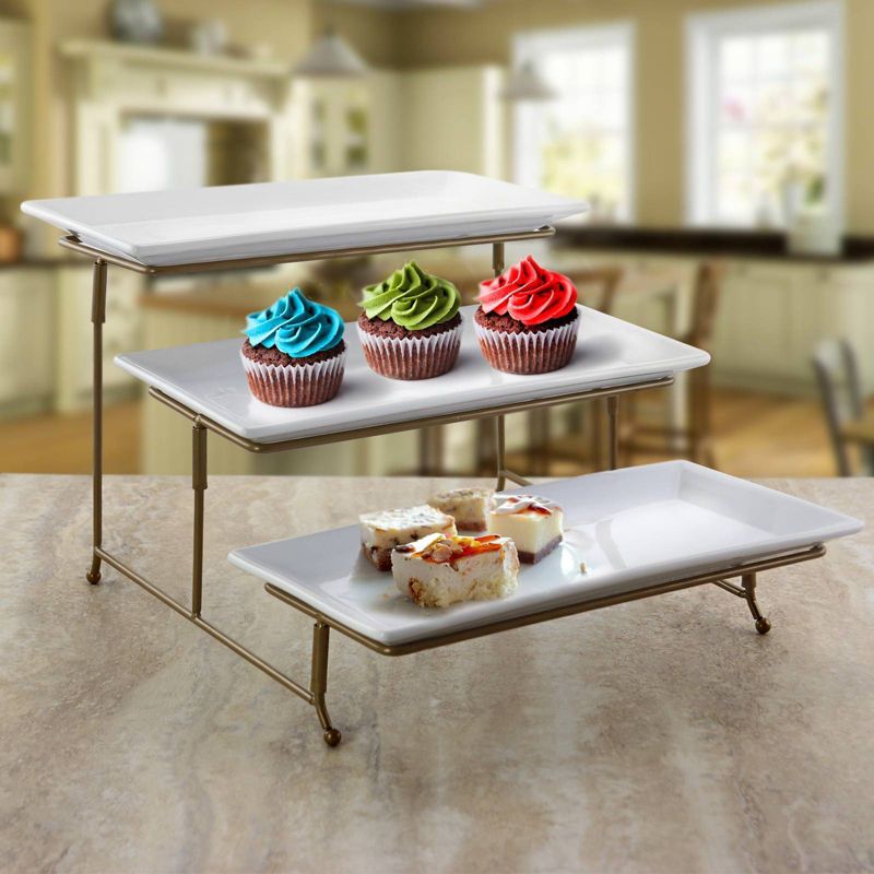 Gibson Elite Porcelain 3-Tiered Serving Set with Gold Metal Stand