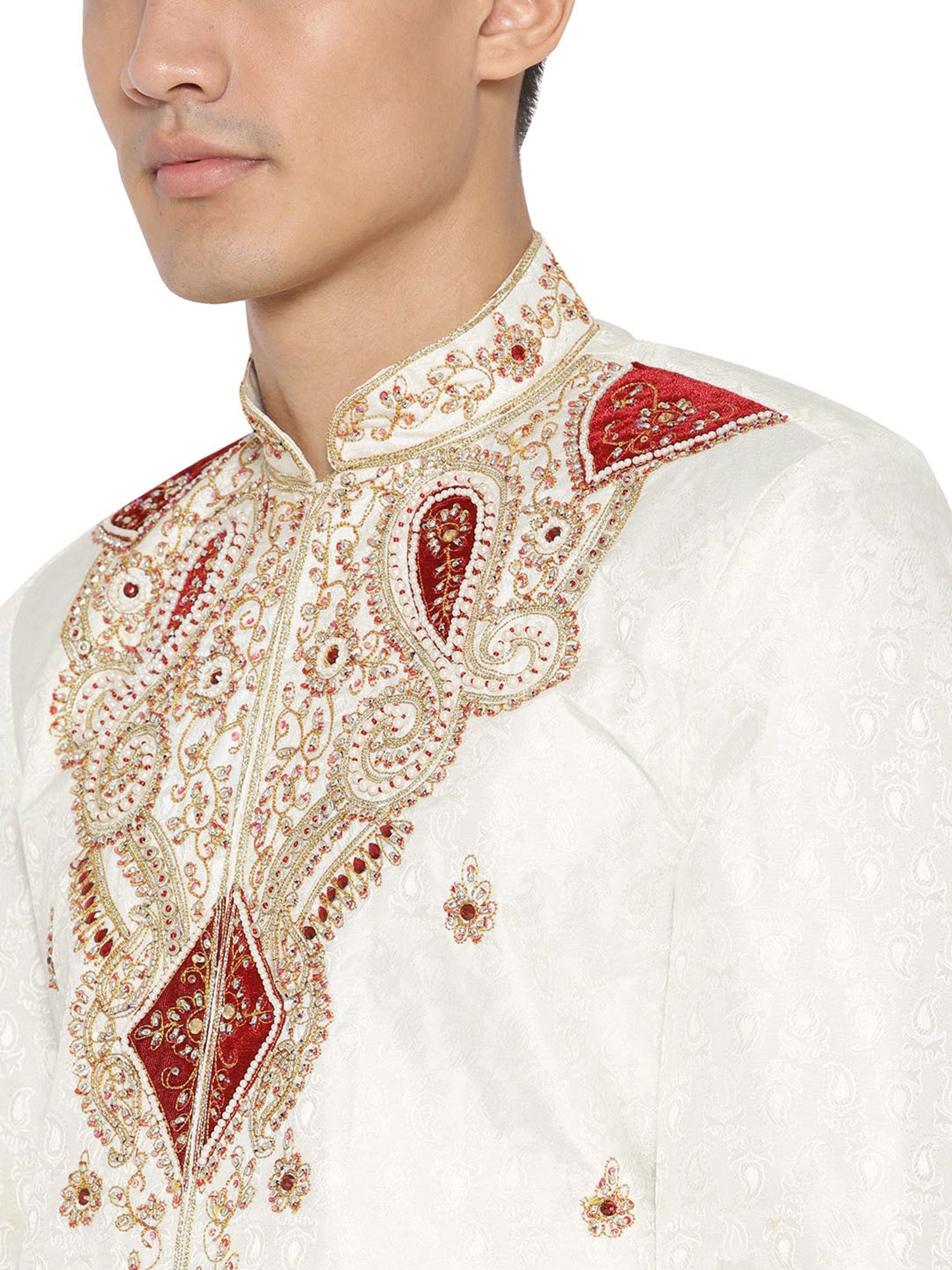 SG LEMAN Cream Regular Fit Embellished Sherwani Set