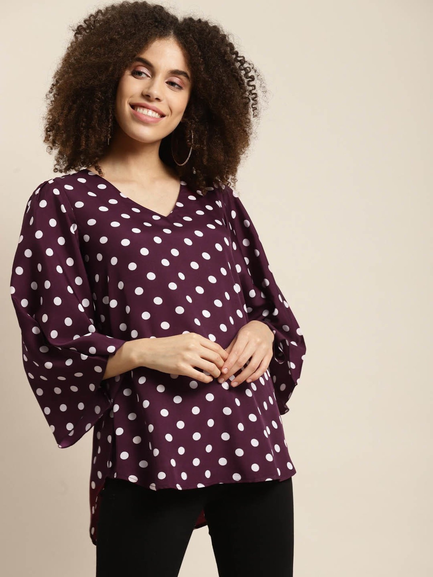 Qurvii Burgundy & White Polka Dot Top