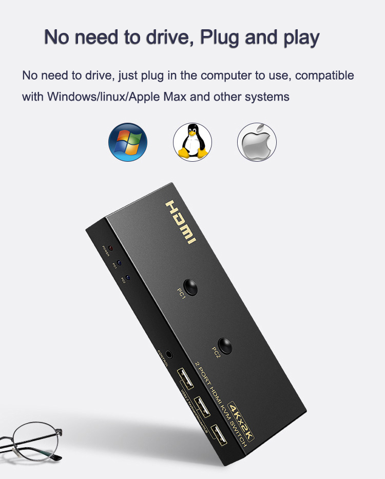 2 Ports  HDMI KVM Switch 4K*2K@60Hz 2 In 1 Out HDMI Supports Hotkey Switch Wire Control HDMI Monitor Keyboard &Mouse & Video USB 2.0 Devices Share