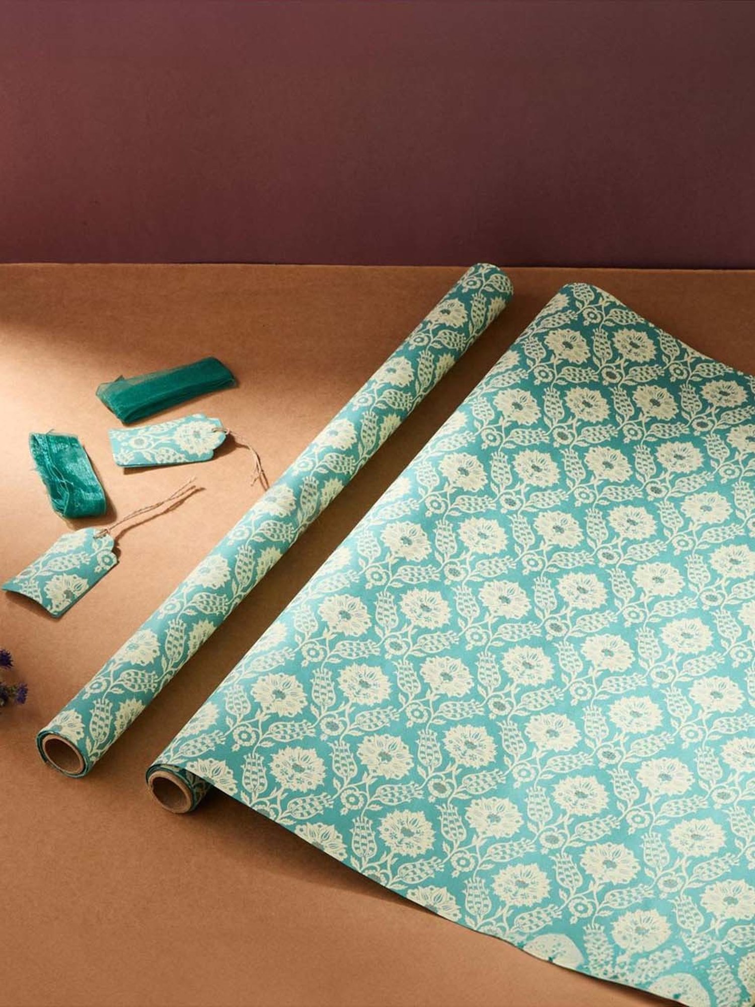 Fabindia Home Teal Paper Printed Sarkhaab Wrapping Sheet - Set of 2