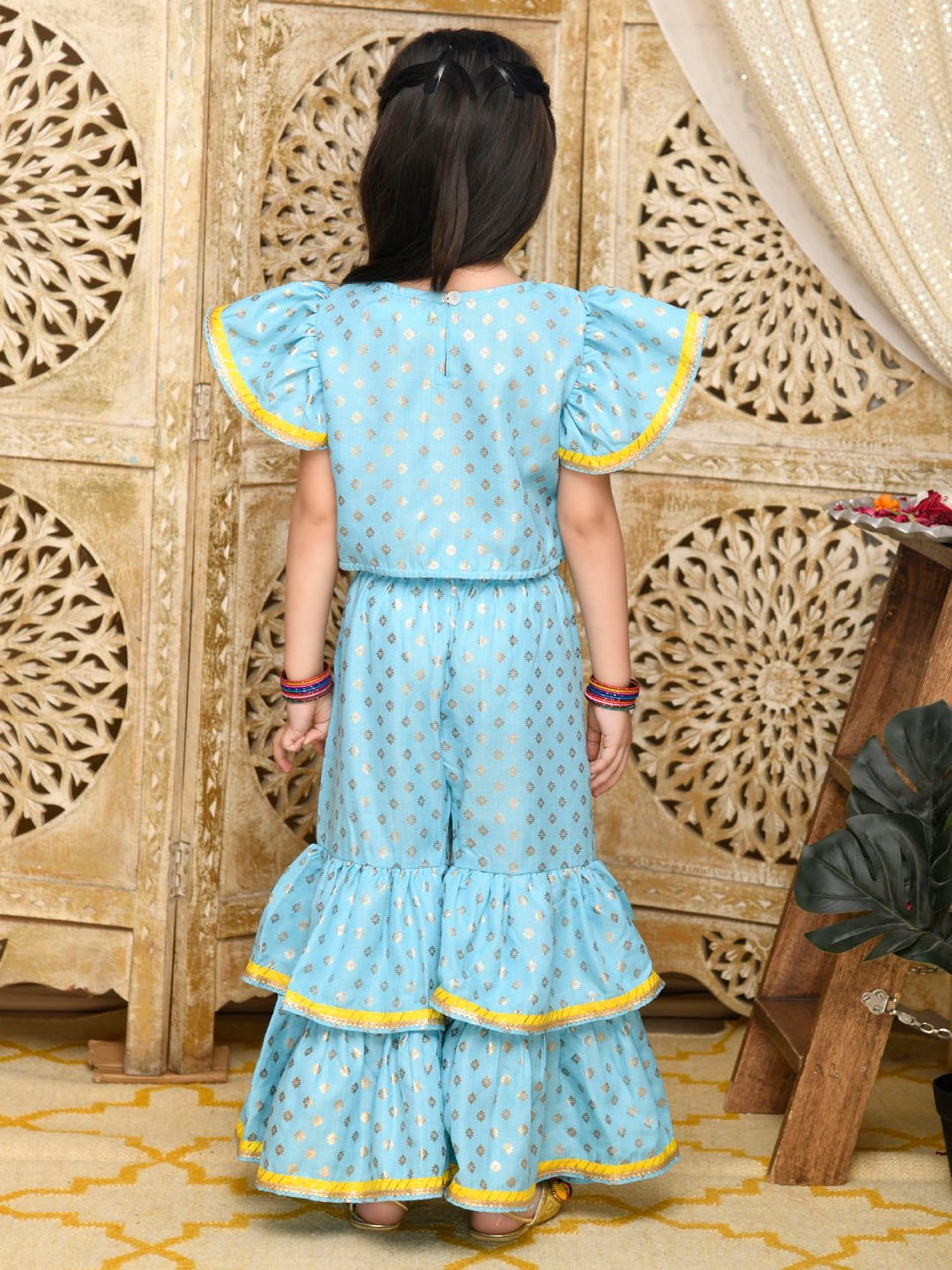 Saka Designs Kids Sky Blue & Gold Printed Top with Sharara