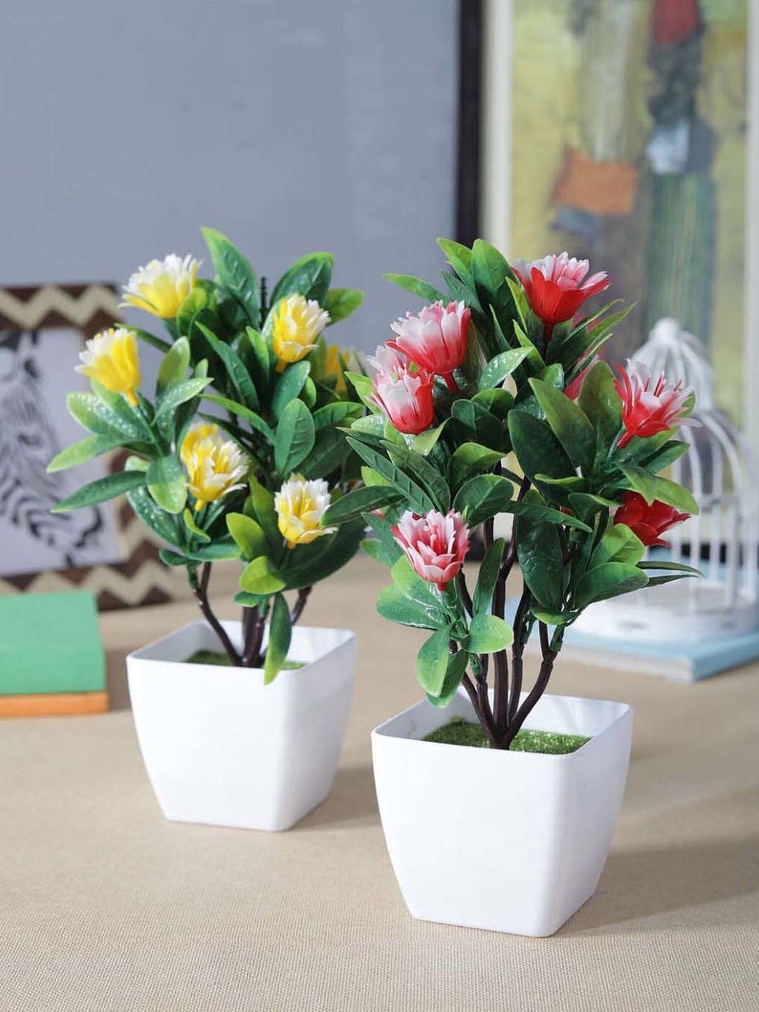 Foliyaj Red & Yellow Plastic Artificial Bonsai Trees - Set of 2