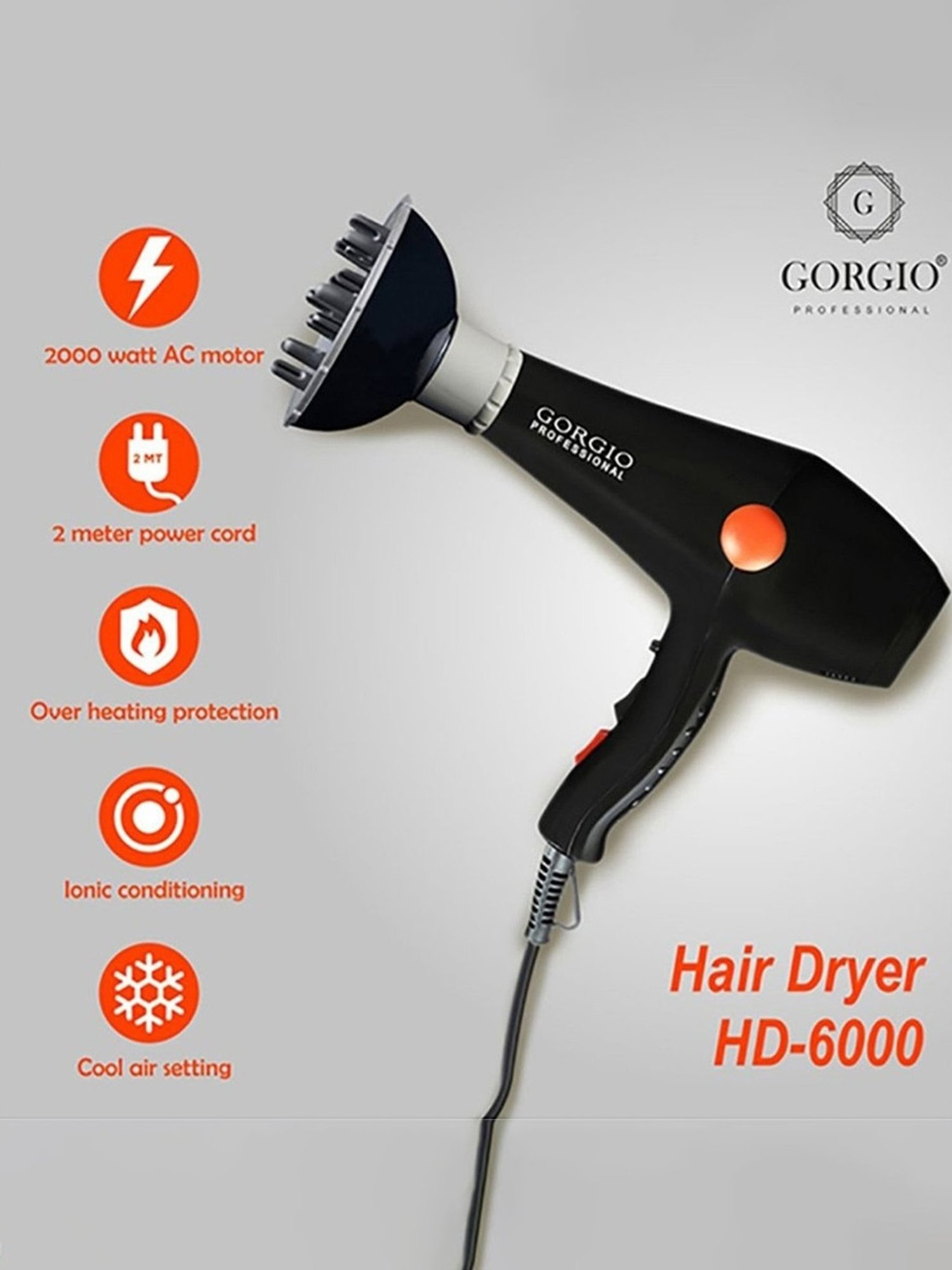Gorgio Professional HD6000 3000W Hair Dryer (Black)