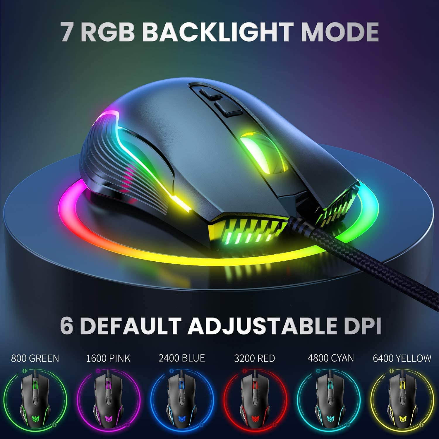 Gaming Mouse Wired, USB Optical Computer Mice with RGB Backlit, 2 Adjustable DPI Up to 2400, Ergonomic Gamer Laptop PC Mouse   for Windows 7/8/10/XP -Black