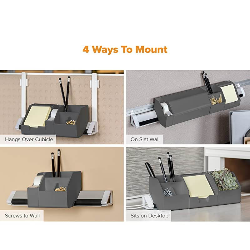 Konnect 5Piece Desktop Organizer Kit Includes Cable Management Rail Charging Phone Dock Tape Dispenser Sticky Notes Storage Bin Gray KTCKIT1Gray